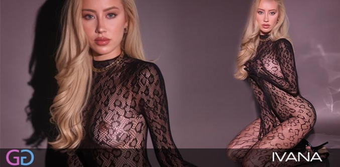 Ivana, high class Latin escort in London, in a black lace bodystocking